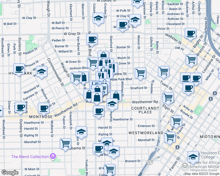 map of restaurants, bars, coffee shops, grocery stores, and more near 2605 Crocker Street in Houston