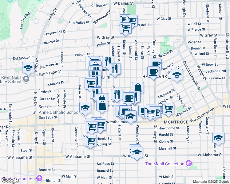map of restaurants, bars, coffee shops, grocery stores, and more near 2110 Hazard Street in Houston