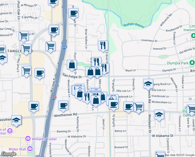 map of restaurants, bars, coffee shops, grocery stores, and more near 4227 San Felipe Street in Houston