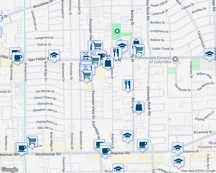 map of restaurants, bars, coffee shops, grocery stores, and more near 1902 Augusta Drive in Houston