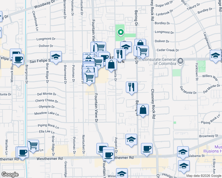 map of restaurants, bars, coffee shops, grocery stores, and more near 1902 Augusta Drive in Houston