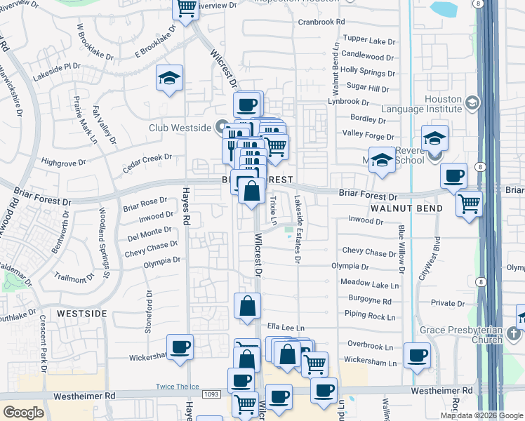 map of restaurants, bars, coffee shops, grocery stores, and more near 2005 Trixie Lane in Houston