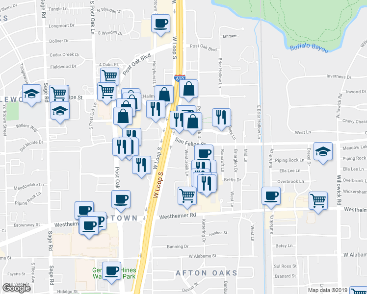 map of restaurants, bars, coffee shops, grocery stores, and more near 2000 Westcreek Lane in Houston