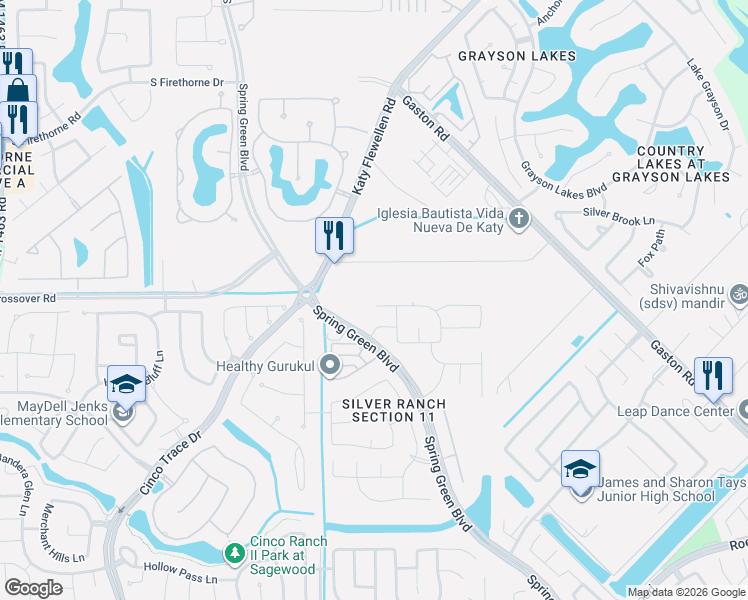 map of restaurants, bars, coffee shops, grocery stores, and more near 26906 Skylark Bluff Trl in Katy