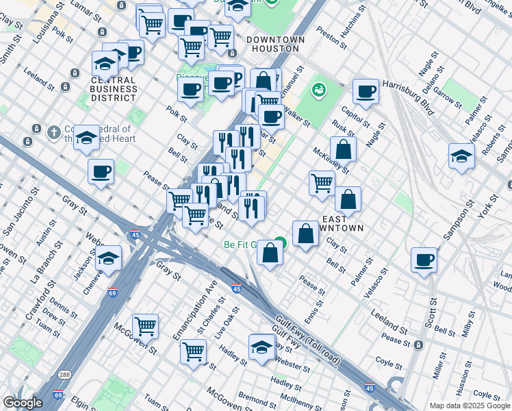 map of restaurants, bars, coffee shops, grocery stores, and more near 2301 Bell Street in Houston