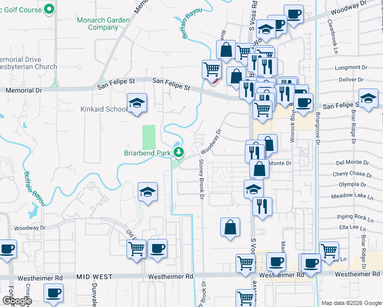 map of restaurants, bars, coffee shops, grocery stores, and more near 7922 Woodway Drive in Houston