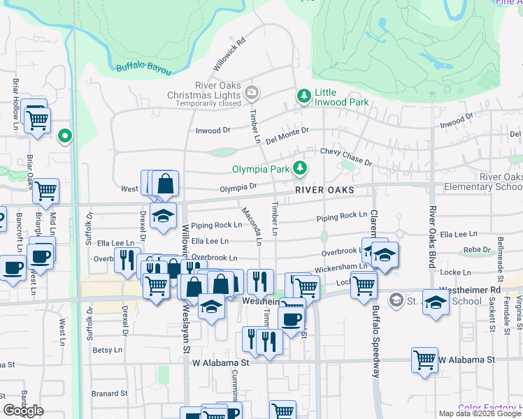 map of restaurants, bars, coffee shops, grocery stores, and more near 2105 Maconda Lane in Houston