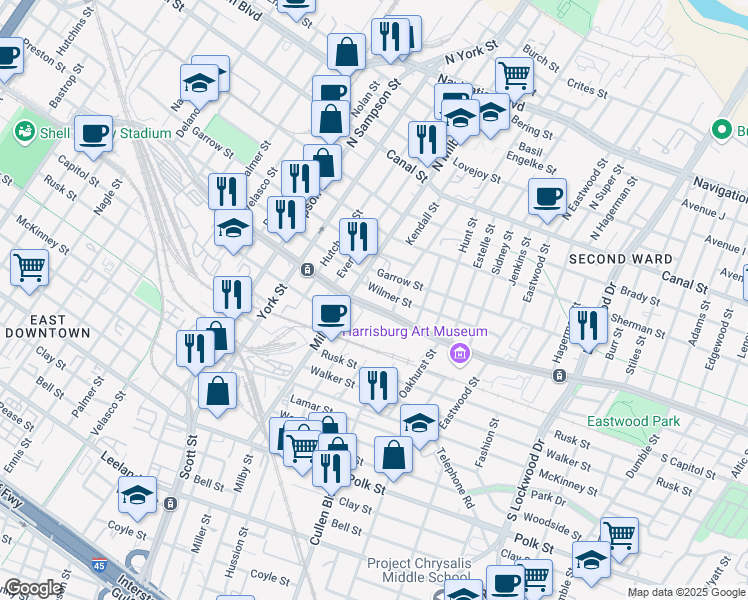map of restaurants, bars, coffee shops, grocery stores, and more near in Houston