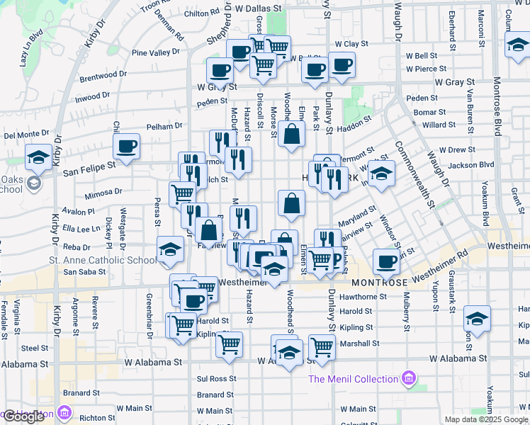 map of restaurants, bars, coffee shops, grocery stores, and more near 2113 Driscoll Street in Houston