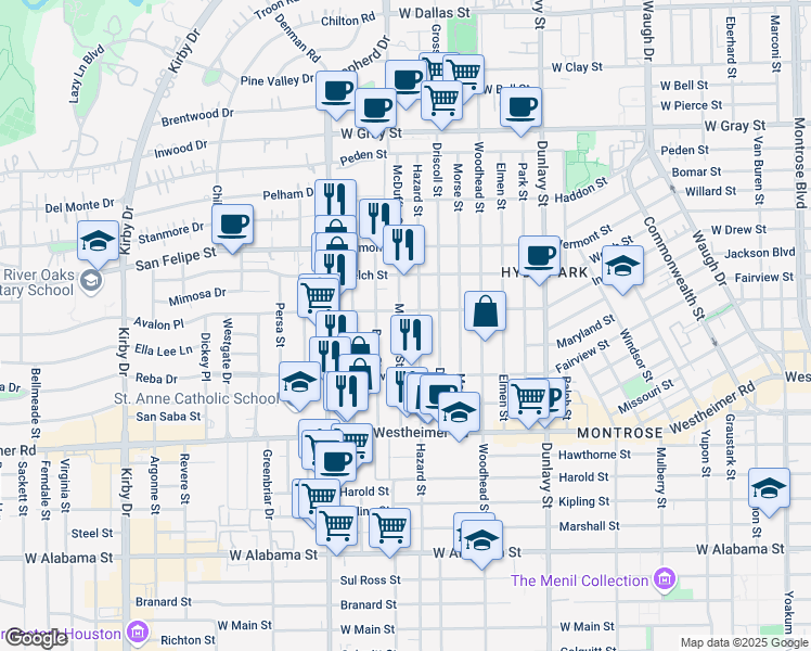 map of restaurants, bars, coffee shops, grocery stores, and more near 2110 Hazard Street in Houston