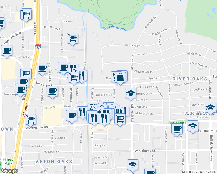 map of restaurants, bars, coffee shops, grocery stores, and more near 4010 Meadow Lake Lane in Houston