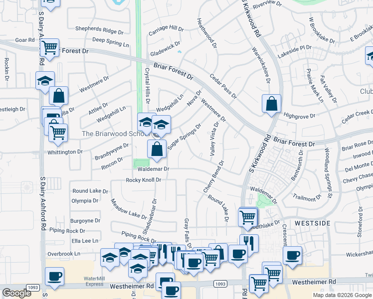 map of restaurants, bars, coffee shops, grocery stores, and more near 1830 Eagle Falls Court in Houston