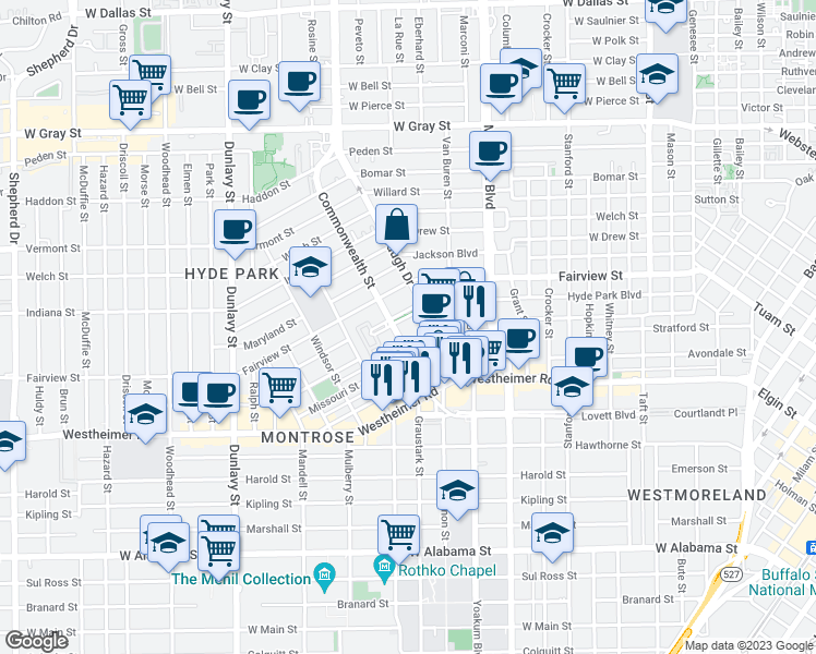 map of restaurants, bars, coffee shops, grocery stores, and more near 2501 Commonwealth Street in Houston