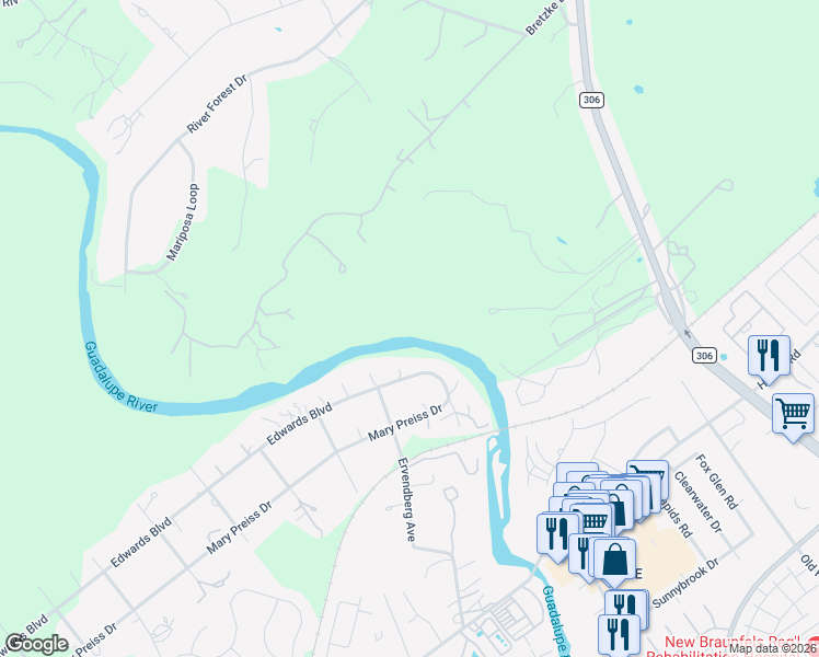 map of restaurants, bars, coffee shops, grocery stores, and more near 1479 Edwards Boulevard in New Braunfels