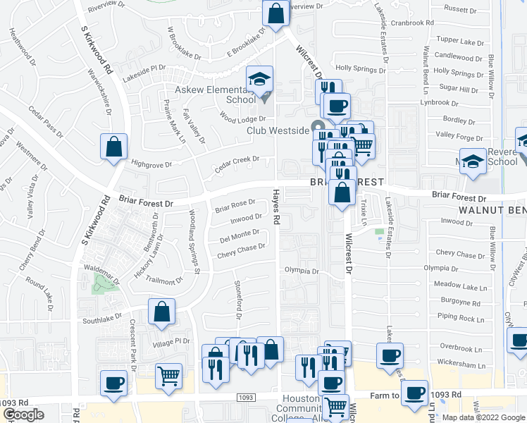 map of restaurants, bars, coffee shops, grocery stores, and more near 11318 Inwood Drive in Houston