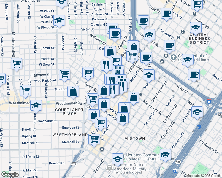 map of restaurants, bars, coffee shops, grocery stores, and more near 610 Dennis Street in Houston
