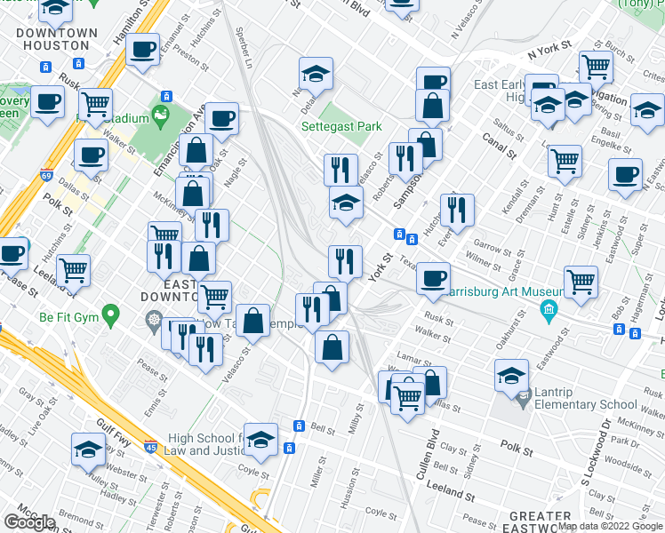 map of restaurants, bars, coffee shops, grocery stores, and more near 3300 Rusk Street in Houston