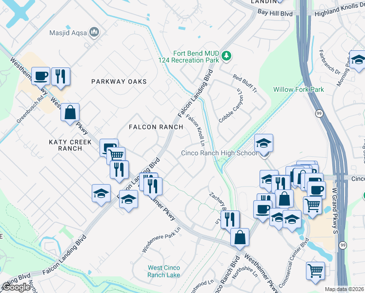 map of restaurants, bars, coffee shops, grocery stores, and more near 2714 Hunting Valley Ln in Katy