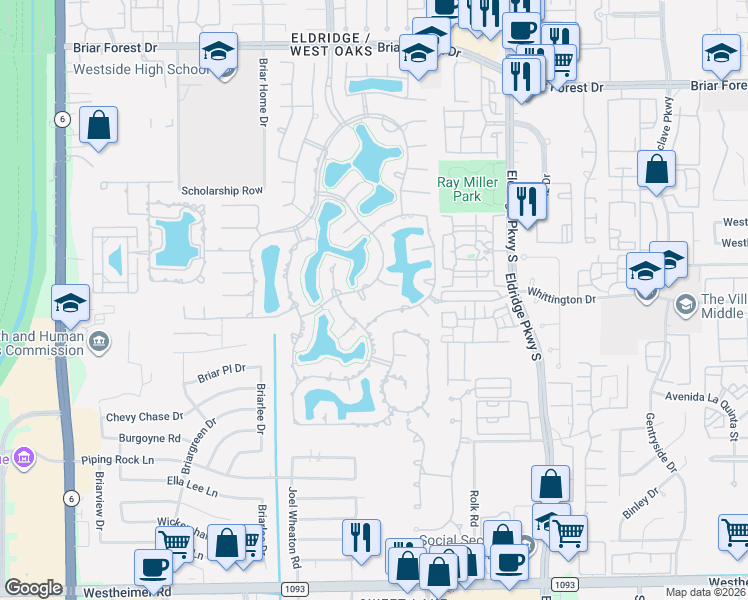 map of restaurants, bars, coffee shops, grocery stores, and more near 2107 Lakeside Bend Drive in Houston
