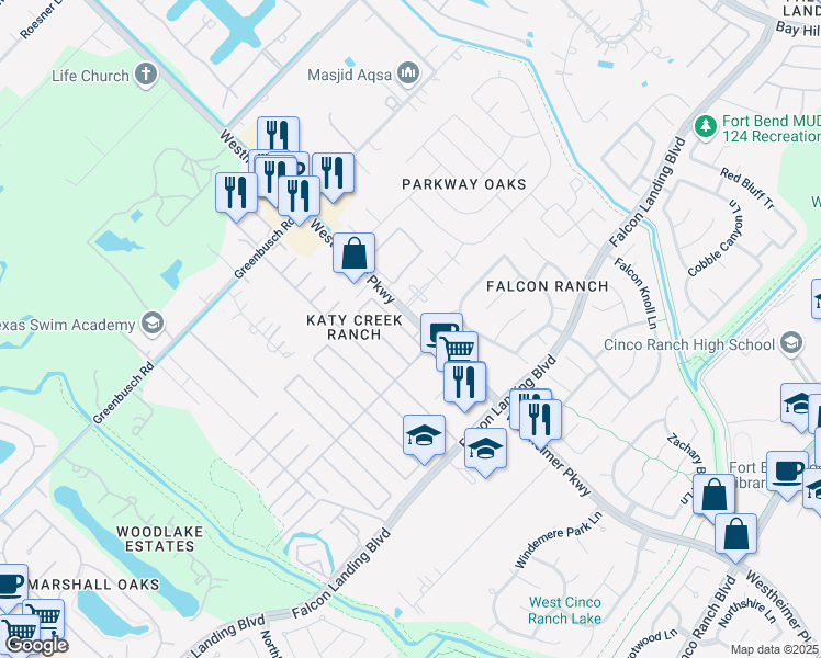 map of restaurants, bars, coffee shops, grocery stores, and more near 25118 Ibris Ranch Drive in Katy