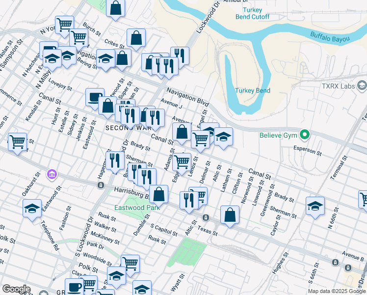 map of restaurants, bars, coffee shops, grocery stores, and more near 5120 Canal Street in Houston