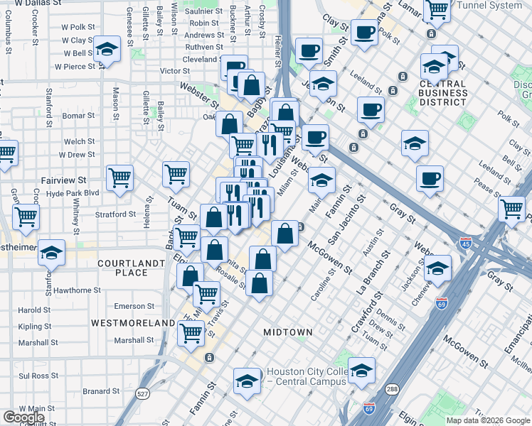 map of restaurants, bars, coffee shops, grocery stores, and more near McGowen St & Milam St in Houston