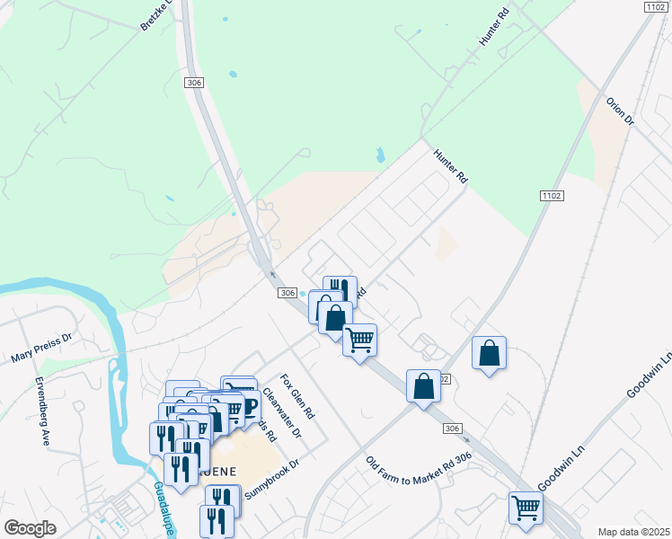 map of restaurants, bars, coffee shops, grocery stores, and more near 2025 Hunter Road in New Braunfels