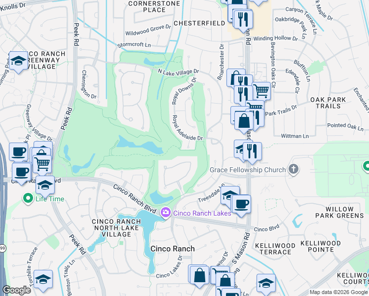 map of restaurants, bars, coffee shops, grocery stores, and more near 2314 New South Wales Court in Katy