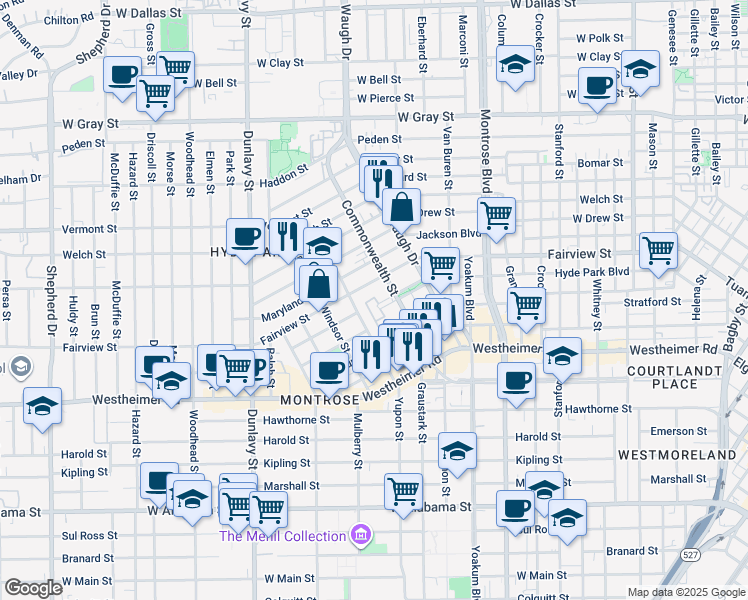 map of restaurants, bars, coffee shops, grocery stores, and more near 1515 Hyde Park Boulevard in Houston