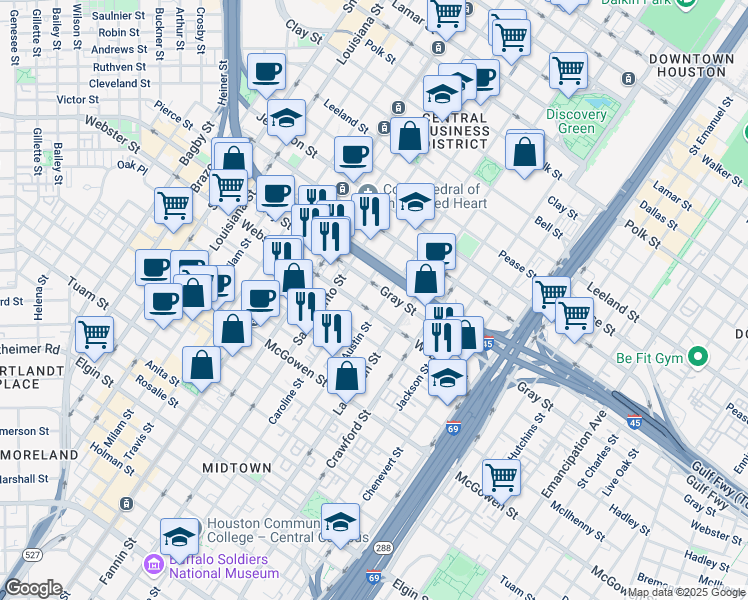 map of restaurants, bars, coffee shops, grocery stores, and more near 1310 Gray Street in Houston