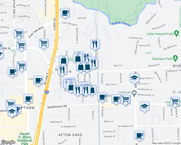map of restaurants, bars, coffee shops, grocery stores, and more near 2121 Mid Lane in Houston