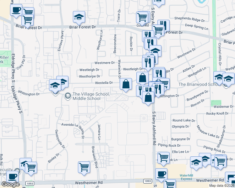map of restaurants, bars, coffee shops, grocery stores, and more near 12736 Whittington Drive in Houston