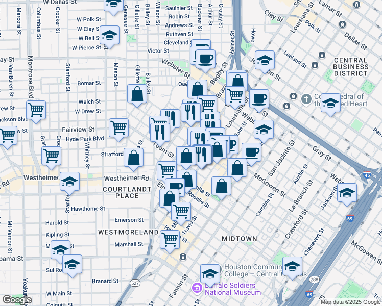 map of restaurants, bars, coffee shops, grocery stores, and more near 2714 Smith Street in Houston
