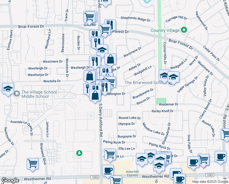 map of restaurants, bars, coffee shops, grocery stores, and more near 12522 Whittington Drive in Houston