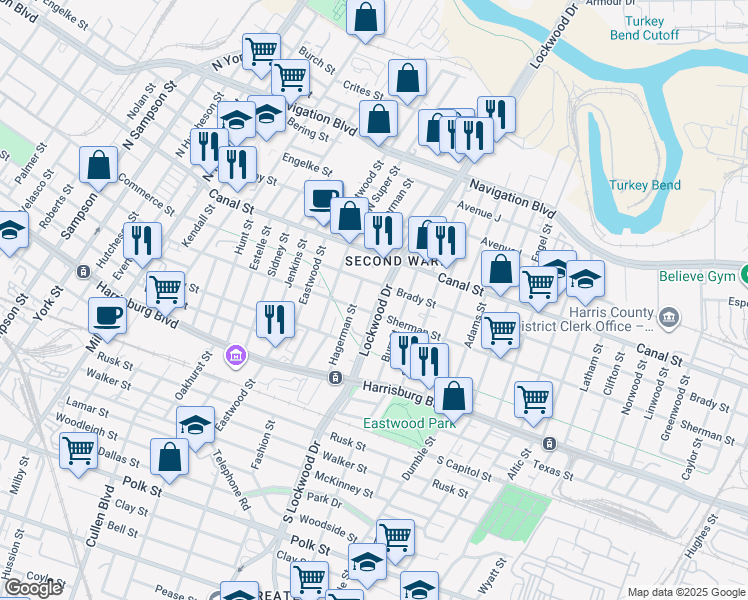 map of restaurants, bars, coffee shops, grocery stores, and more near 4605 Sherman Street in Houston