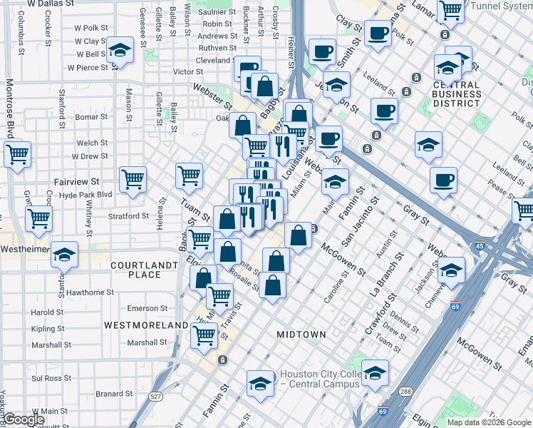 map of restaurants, bars, coffee shops, grocery stores, and more near 2625 Louisiana Street in Houston