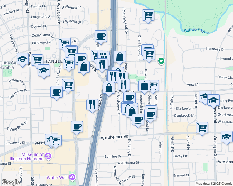 map of restaurants, bars, coffee shops, grocery stores, and more near 2020 Westcreek Lane in Houston