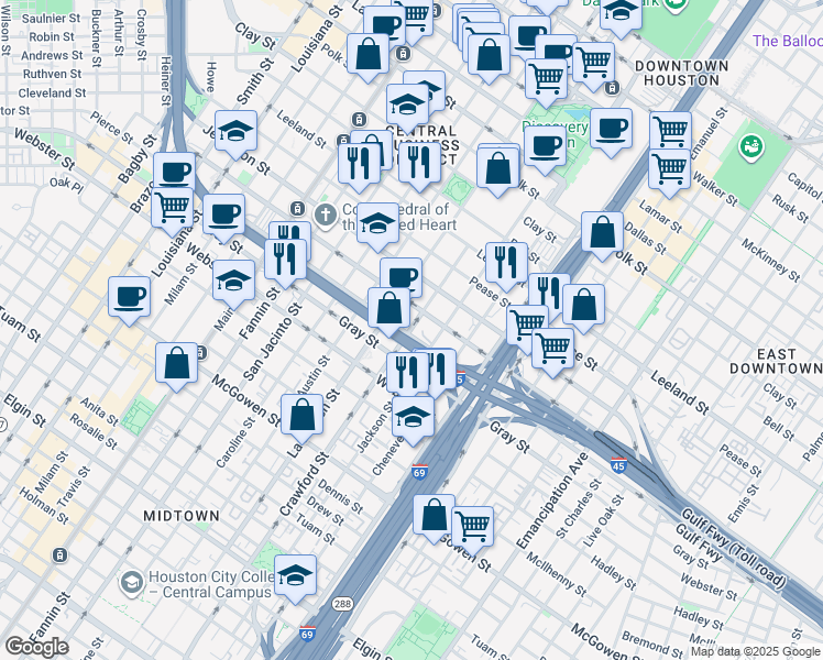 map of restaurants, bars, coffee shops, grocery stores, and more near 1919 Crawford Street in Houston