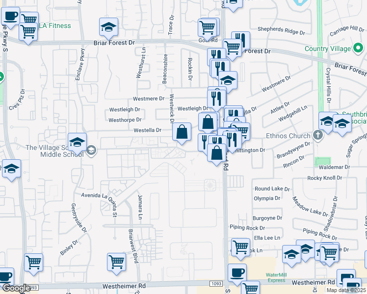 map of restaurants, bars, coffee shops, grocery stores, and more near 12702 Whittington Drive in Houston