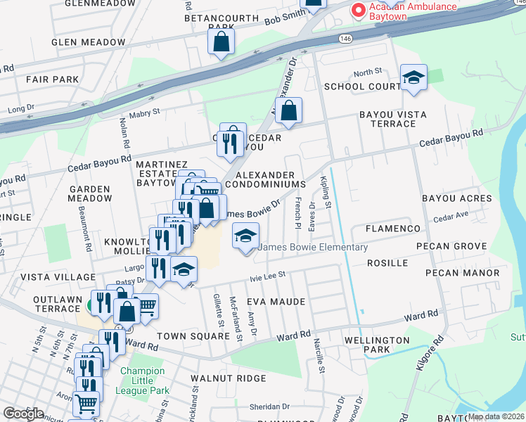 map of restaurants, bars, coffee shops, grocery stores, and more near 1724 James Bowie Drive in Baytown