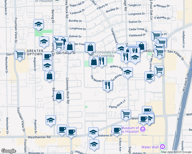 map of restaurants, bars, coffee shops, grocery stores, and more near 1885 Saint James Place in Houston