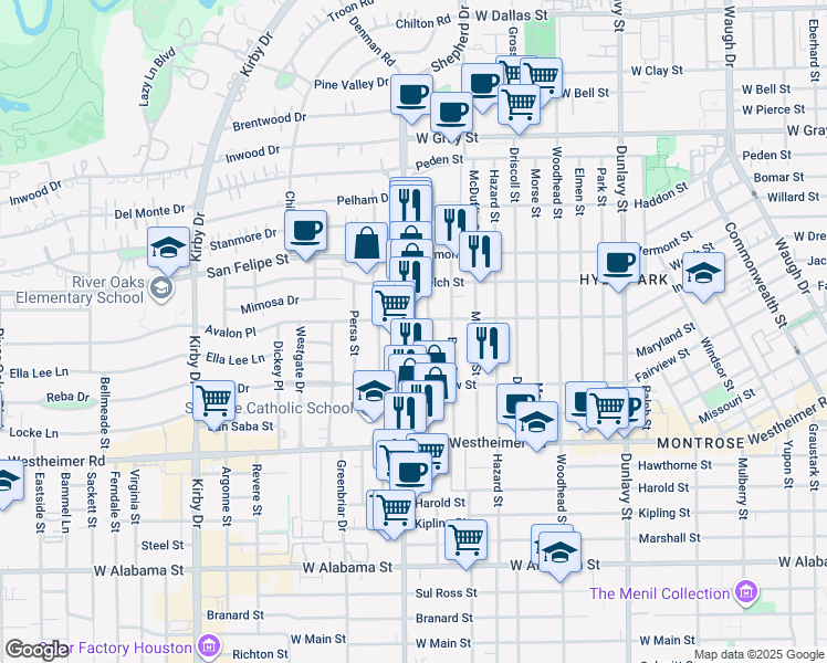 map of restaurants, bars, coffee shops, grocery stores, and more near 2111 South Shepherd Drive in Houston
