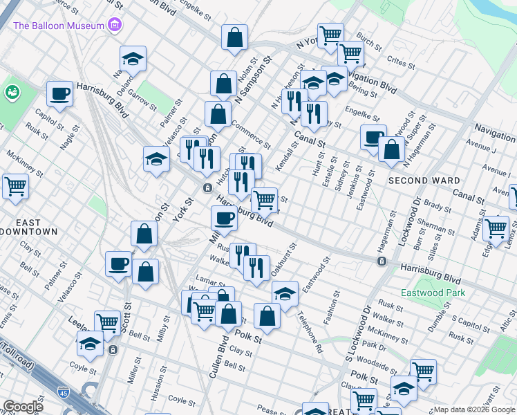 map of restaurants, bars, coffee shops, grocery stores, and more near 3826 Wilmer Street in Houston