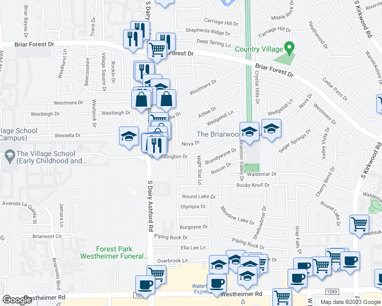 map of restaurants, bars, coffee shops, grocery stores, and more near 12438 Whittington Drive in Houston