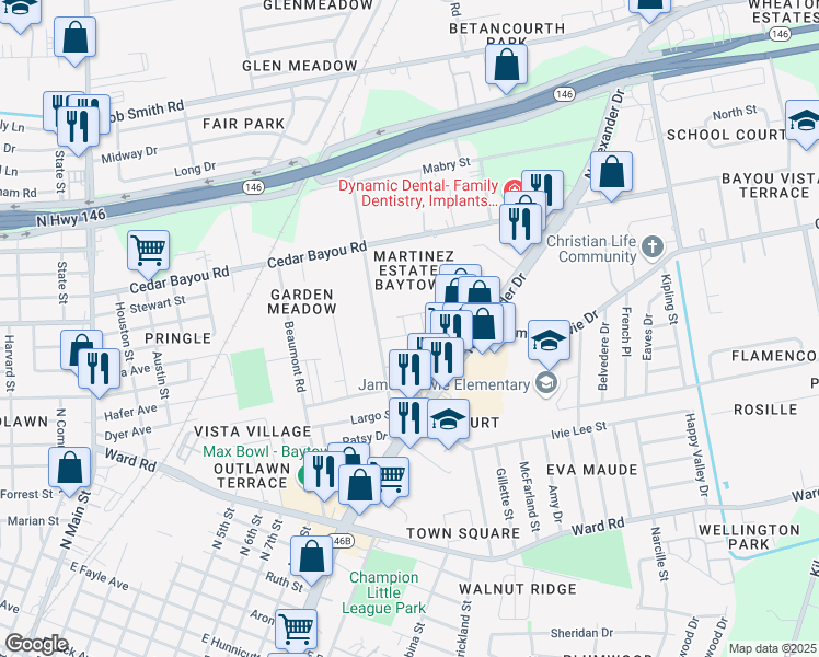 map of restaurants, bars, coffee shops, grocery stores, and more near 1502 Nolan Road in Baytown