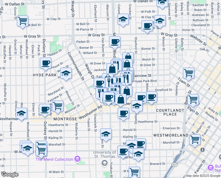 map of restaurants, bars, coffee shops, grocery stores, and more near 2515 Yoakum Boulevard in Houston