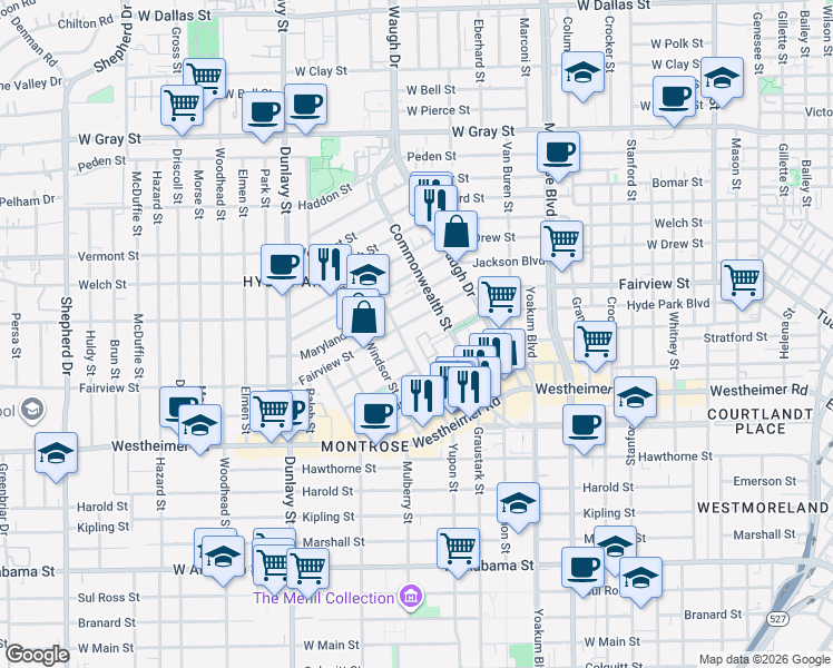 map of restaurants, bars, coffee shops, grocery stores, and more near 1515 Hyde Park Boulevard in Houston