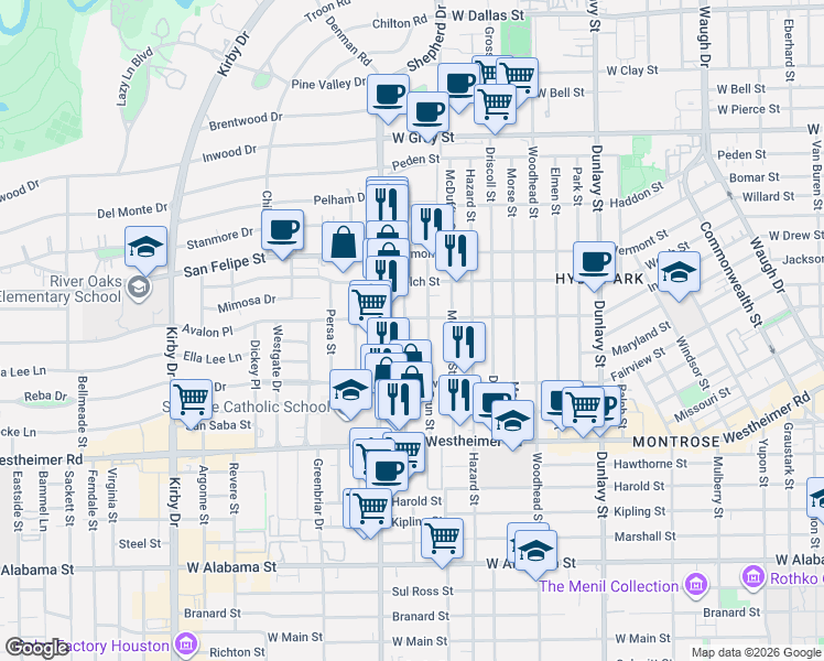 map of restaurants, bars, coffee shops, grocery stores, and more near 2110 Brun Street in Houston