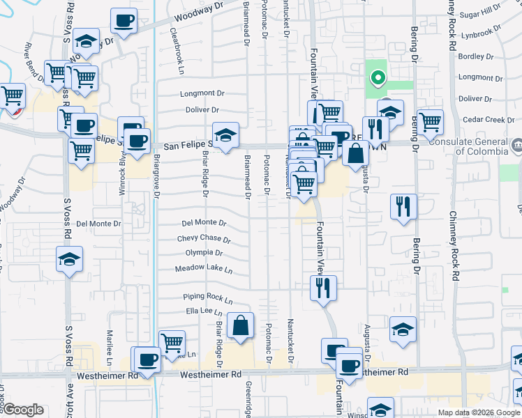 map of restaurants, bars, coffee shops, grocery stores, and more near 2005a Potomac Drive in Houston