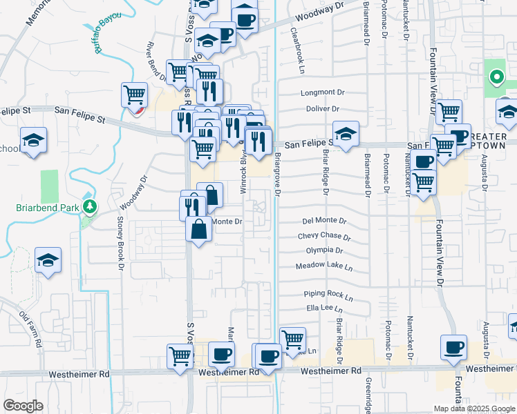 map of restaurants, bars, coffee shops, grocery stores, and more near 6315 Del Monte Drive in Houston